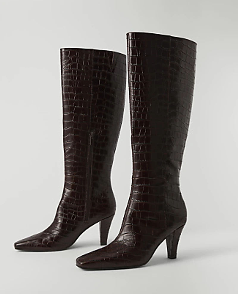 Ann Taylor Croco Skinny Heel Tall Boot Pure Chocolate Women's