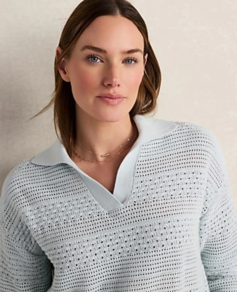 Ann Taylor Haven Well Within Cotton Mixed Stitch Johnny Collar Sweater Ice Blue Women's