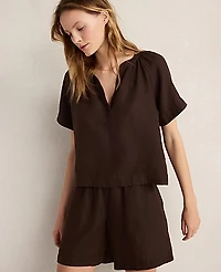 Ann Taylor Haven Well Within Linen Gathered V-Neck Top Coffee Bean Women's