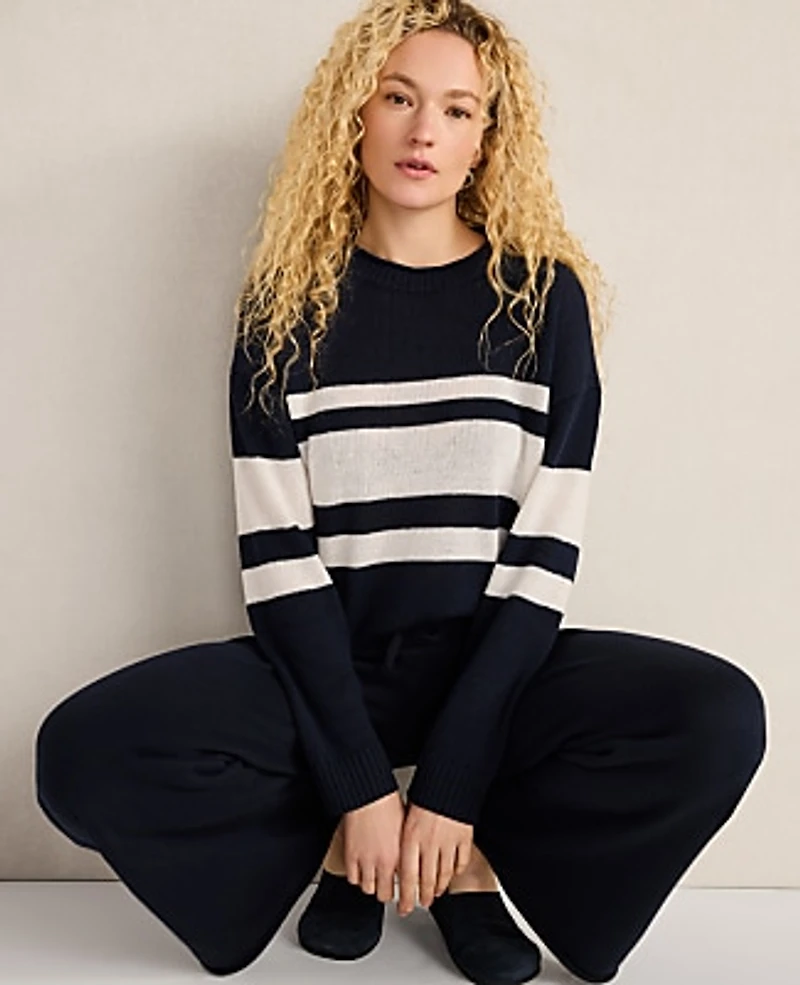 Ann Taylor Haven Well Within Cotton Linen Stripe Roll Neck Sweater Indigo Women's
