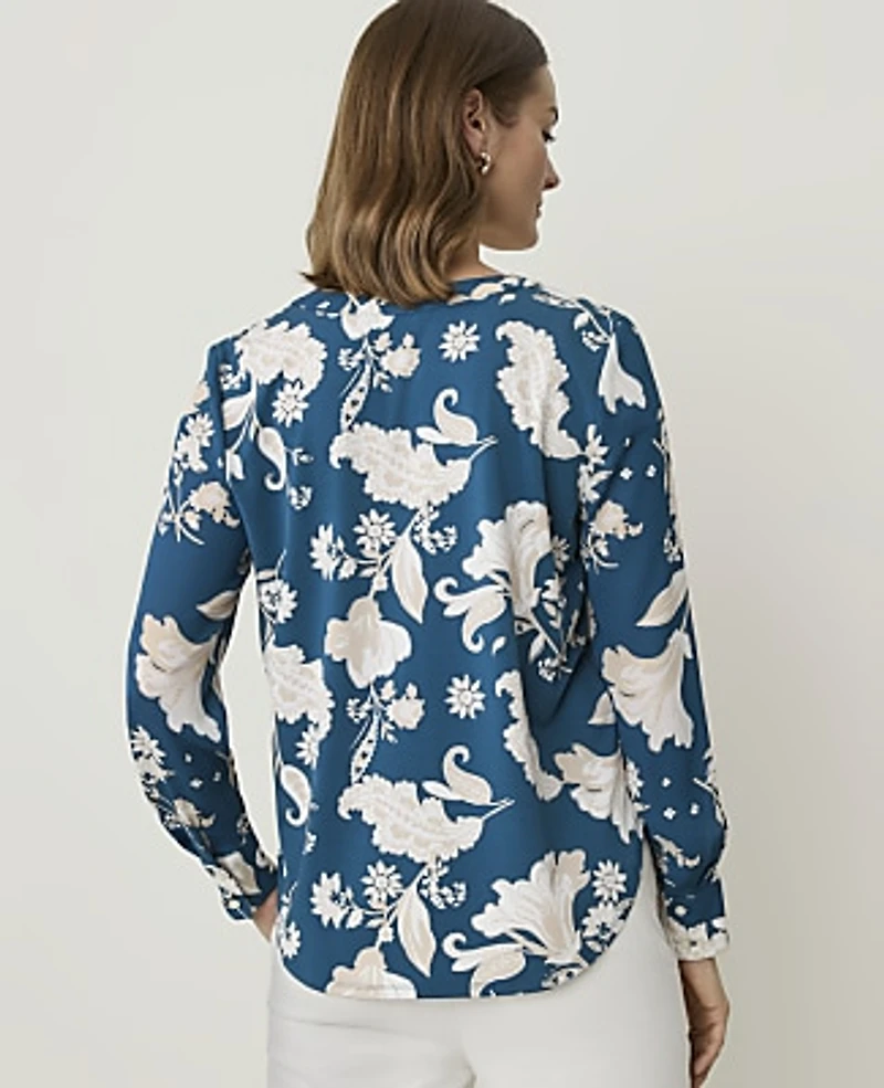 Ann Taylor Paisley Mixed Media Pleat Front Top Harbor Side Blue Women's