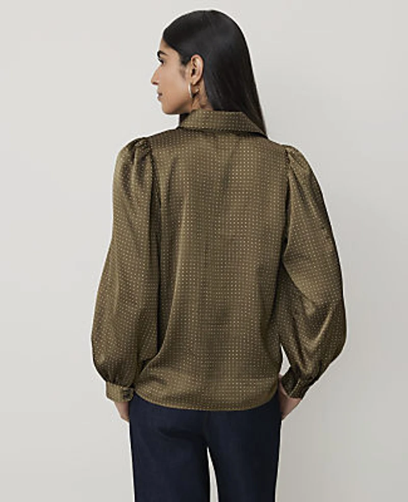 Ann Taylor Dotted Collared Blouson Sleeve Shirt Green Women's