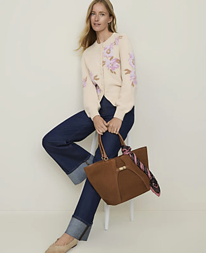 Ann Taylor Weekend Floral Jacquard Cardigan Dusted Orchid Women's