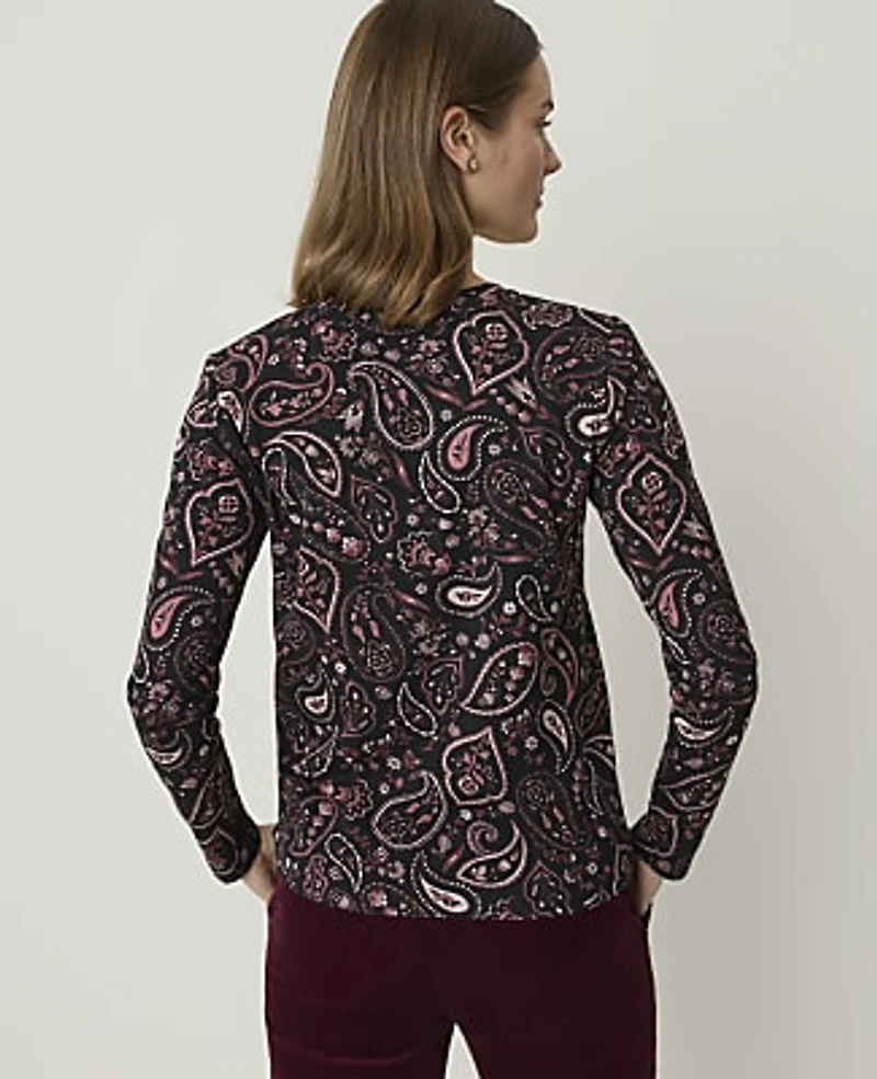 Ann Taylor Petite Paisley Crew Neck Top Black Women's