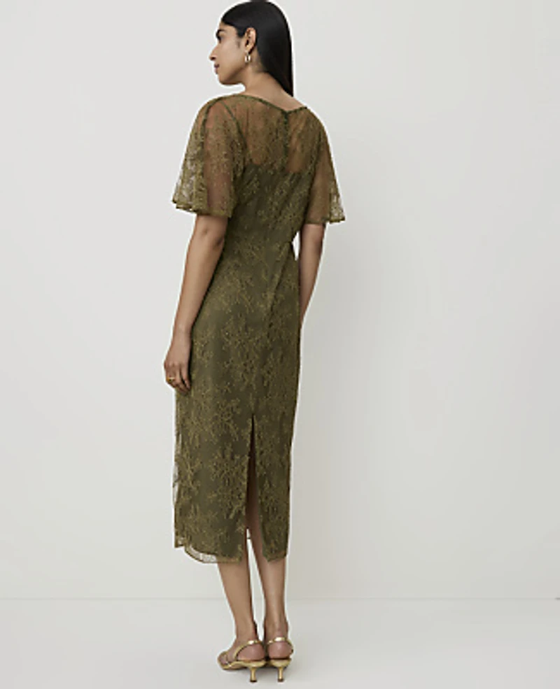 Ann Taylor Lace Flutter Sleeve Midi Dress Olive Sprig Women's