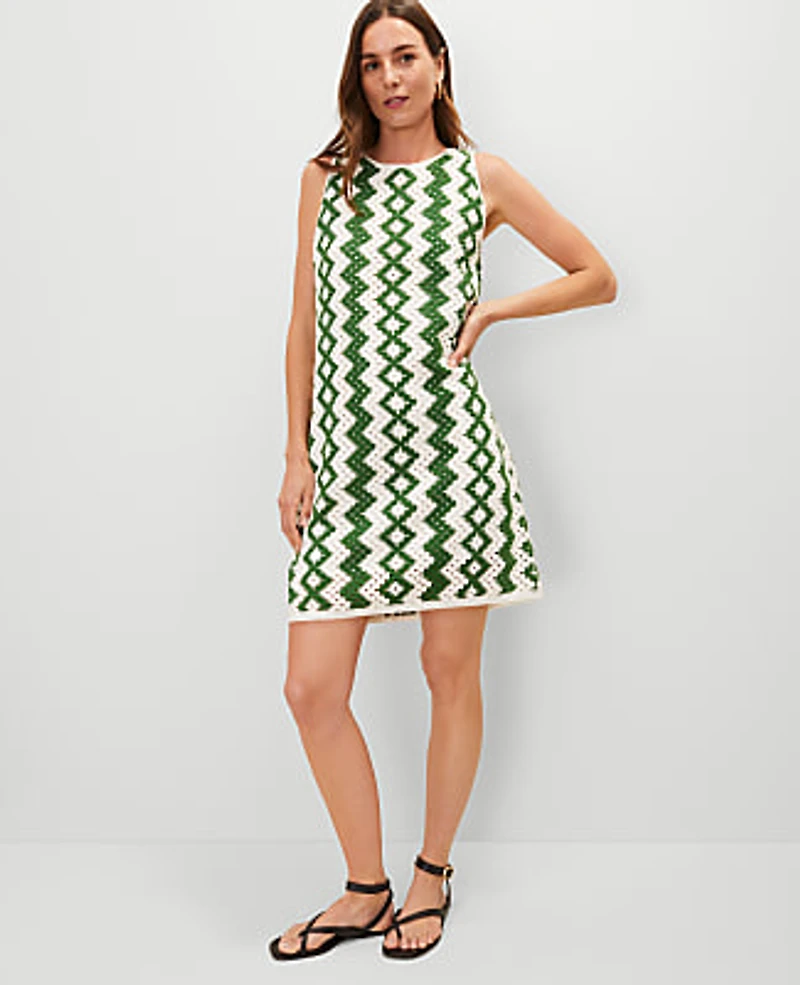 Ann Taylor Geo Crochet Shift Dress Green/White Combo Women's