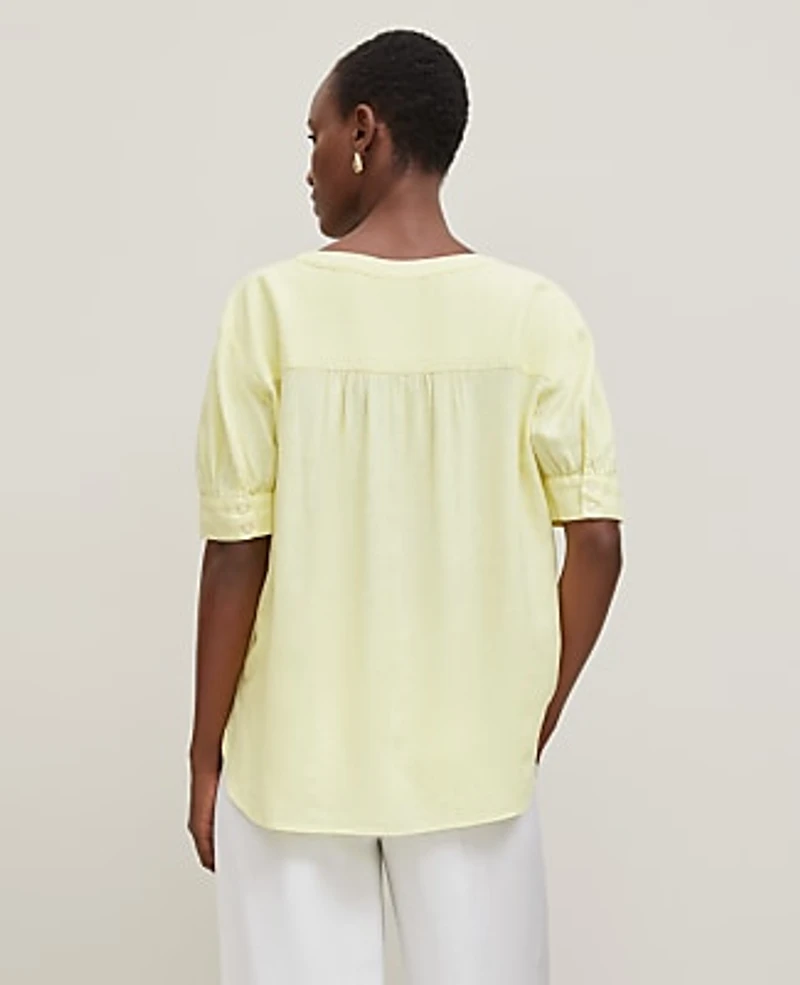 Ann Taylor Half Sleeve Linen Blend Popover Top Size Large Yellow Pear Women's
