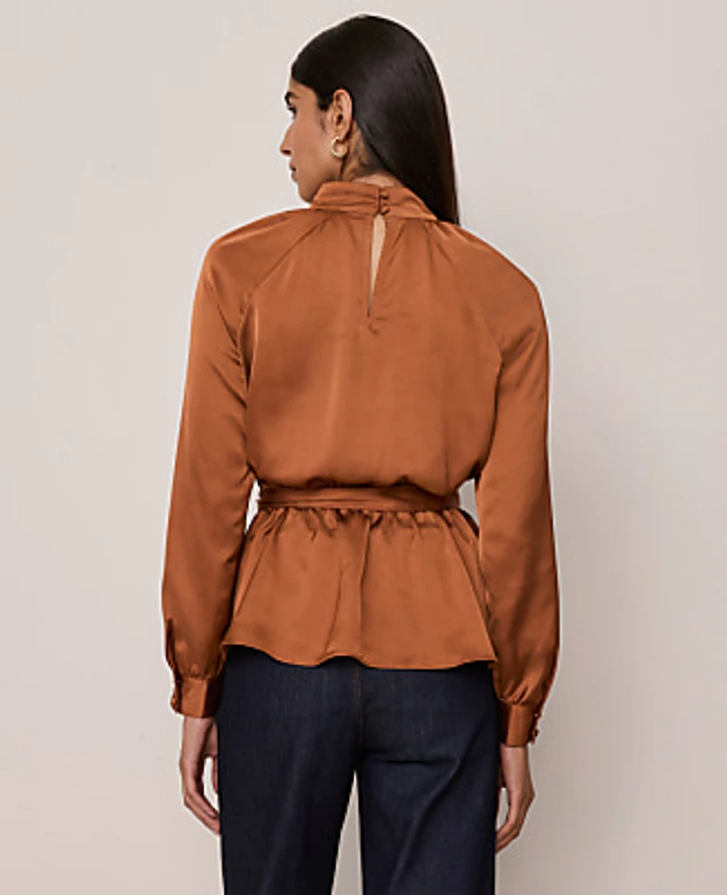 Ann Taylor Satin Tie Waist Blouse Size XS Spiced Cider Women's