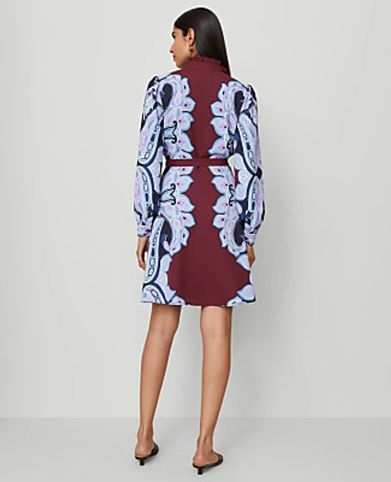 Ann Taylor Paisley Ruffle Collar Flare Dress Size 0 Windsor Wine Women's