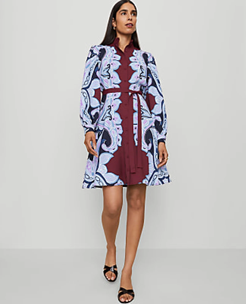 Ann Taylor Paisley Ruffle Collar Flare Dress Size 0 Windsor Wine Women's