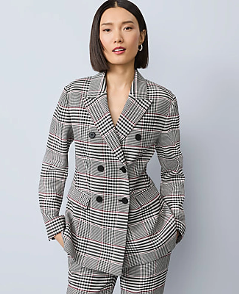 Ann Taylor The Fitted Long Blazer Plaid Black Women's