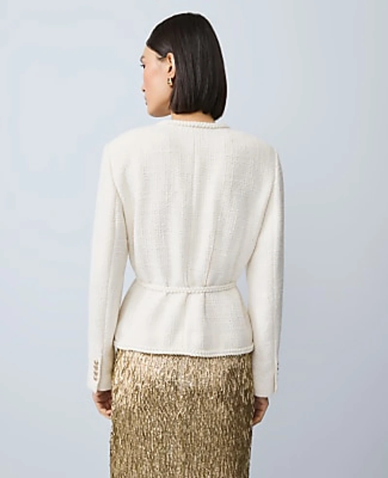 Ann Taylor Tweed Belted Jacket Size 14 Winter White Women's