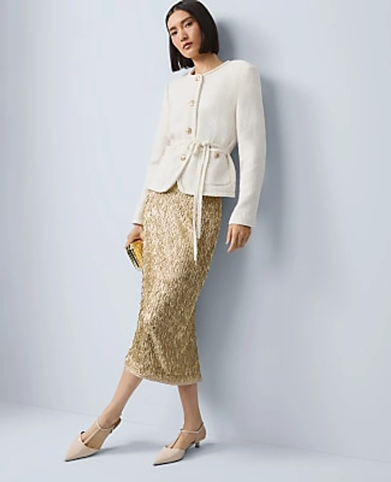 Ann Taylor Tweed Belted Jacket Size 14 Winter White Women's