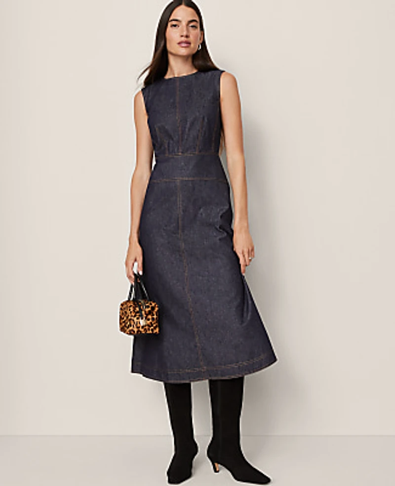 Ann Taylor Weekend Crew Neck Flare Midi Dress Size 0 Deep Indigo Women's