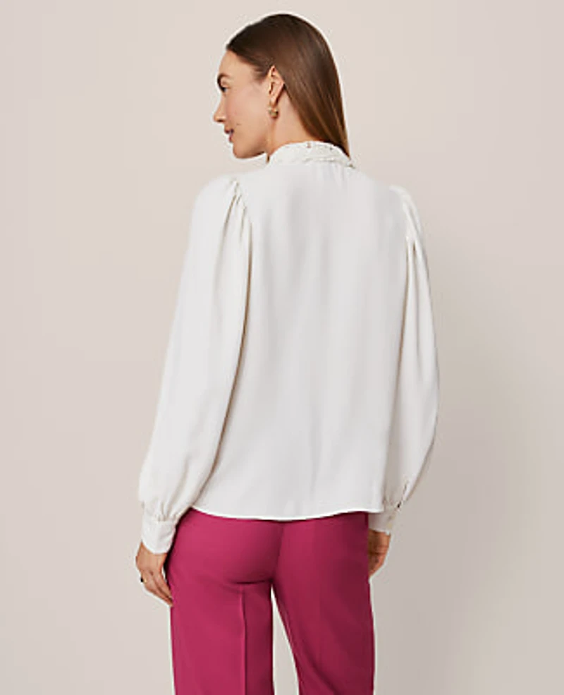 Ann Taylor Lace Collar Blouson Sleeve Shirt Winter White Women's