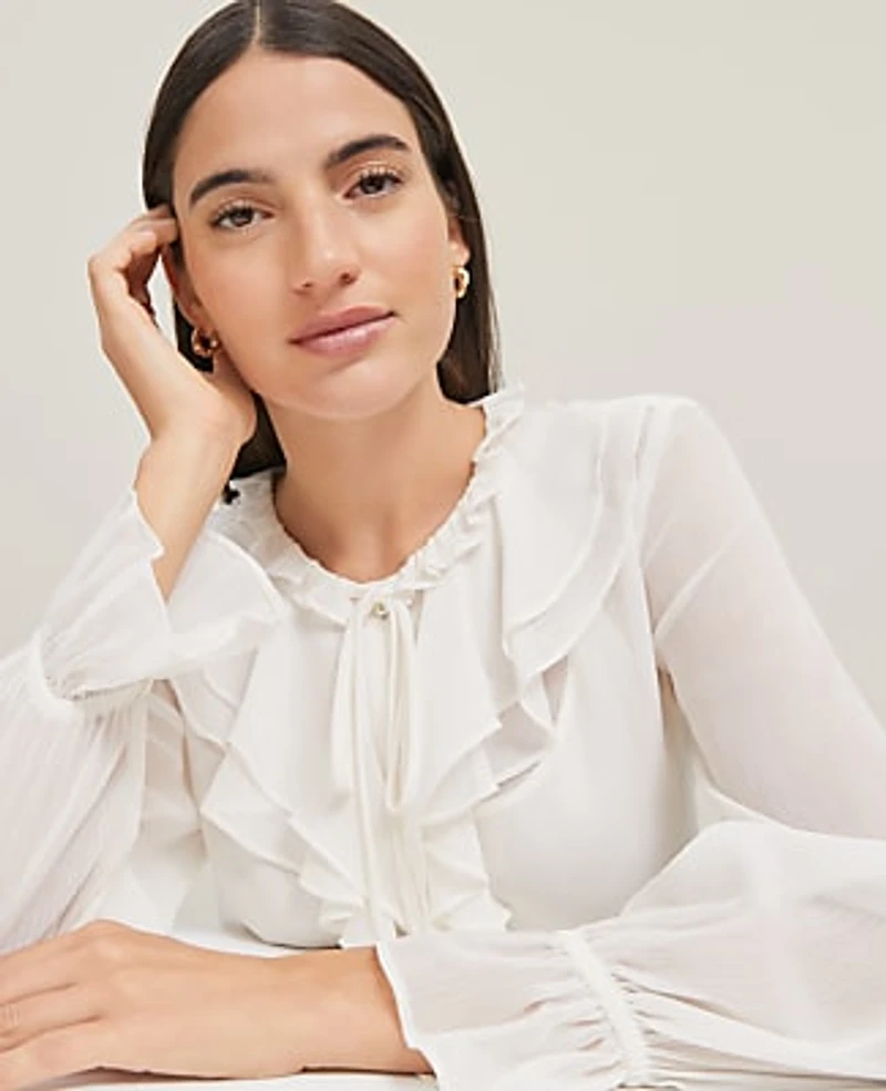 Ann Taylor Tie Neck Ruffle Popover Top Size Medium Winter White Women's
