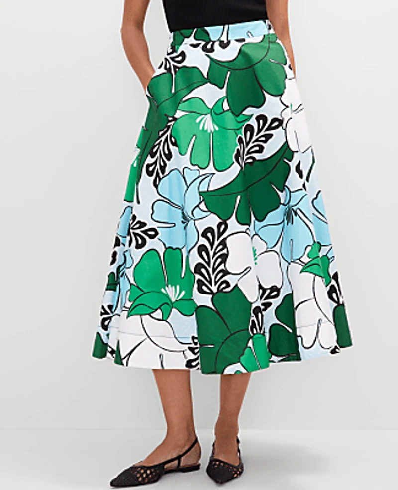 Ann Taylor Floral Tea Length Skirt Size 2 Leafy Green Women's