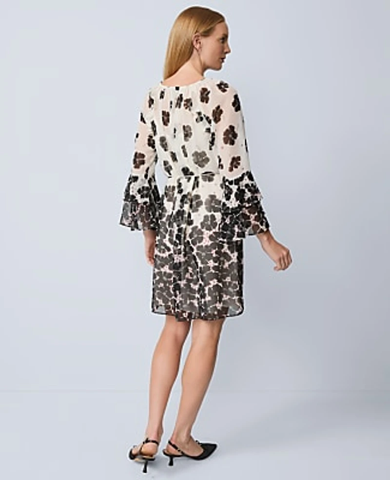 Ann Taylor Floral Ruffle Trim Flare Dress Black Women's