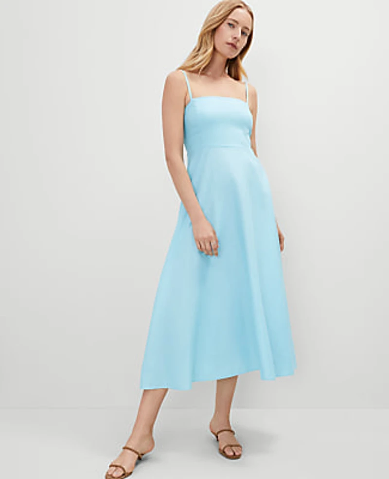 Ann Taylor Linen Blend Midi Dress Gulf Stream Blue Women's