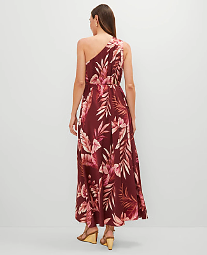 Ann Taylor Studio Collection One-Shoulder Silk Dress Tropical Print Raspberry Truffle Women's