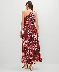 Ann Taylor Studio Collection One-Shoulder Silk Dress Tropical Print Raspberry Truffle Women's