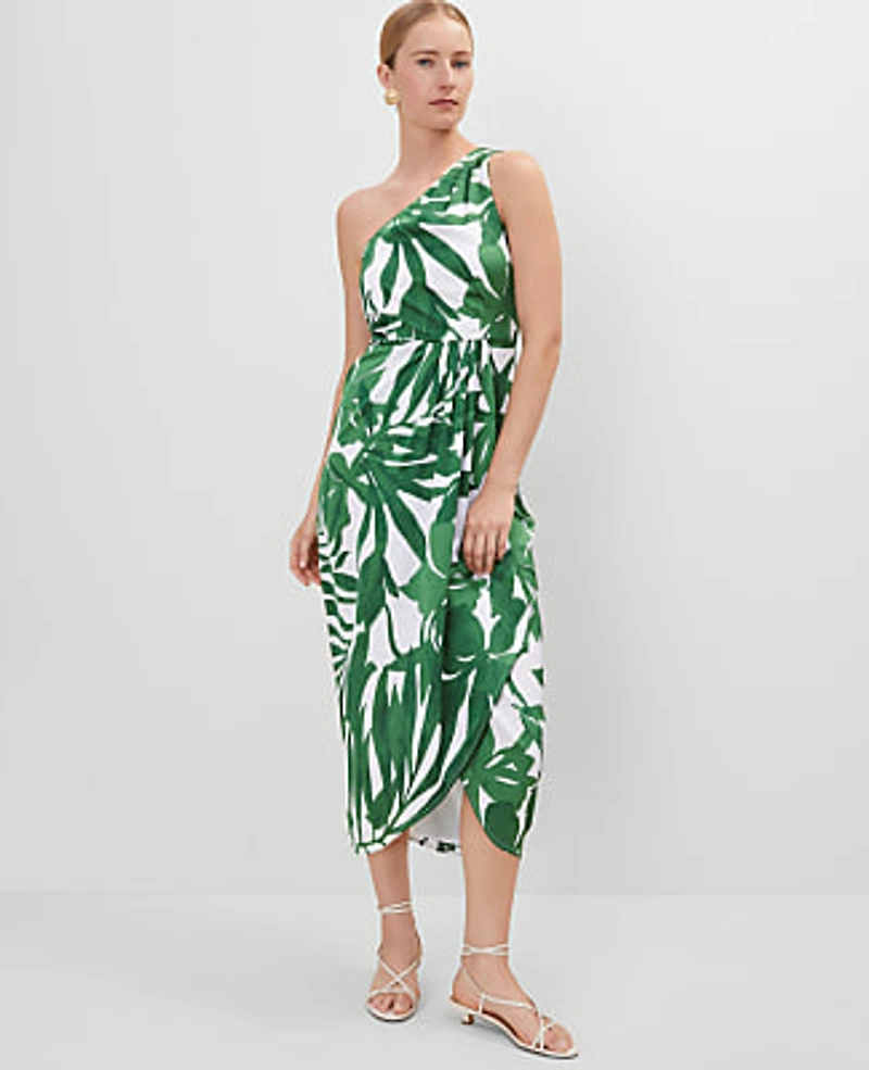 Ann Taylor Satin One-Shoulder Midi Dress Leafy Green Women's