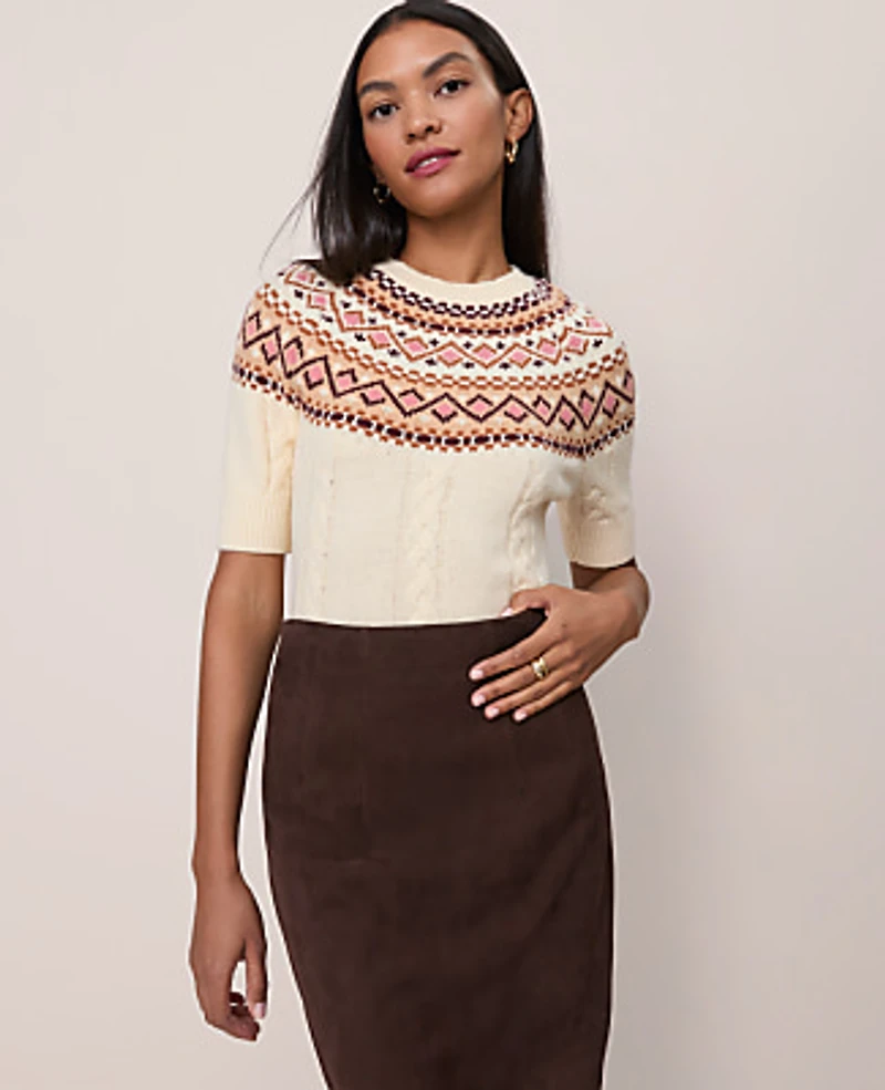 Ann Taylor Fair Isle Cable Sweater T-Shirt Seedpearl Women's