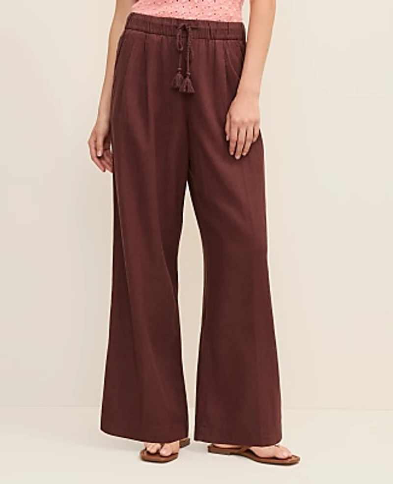 Ann Taylor Petite Weekend Easy Fit Wide-Leg Pant Linen Blend Rich Walnut Women's