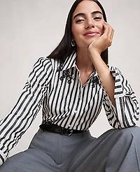 Ann Taylor Striped Embellished Shirt Black Women's