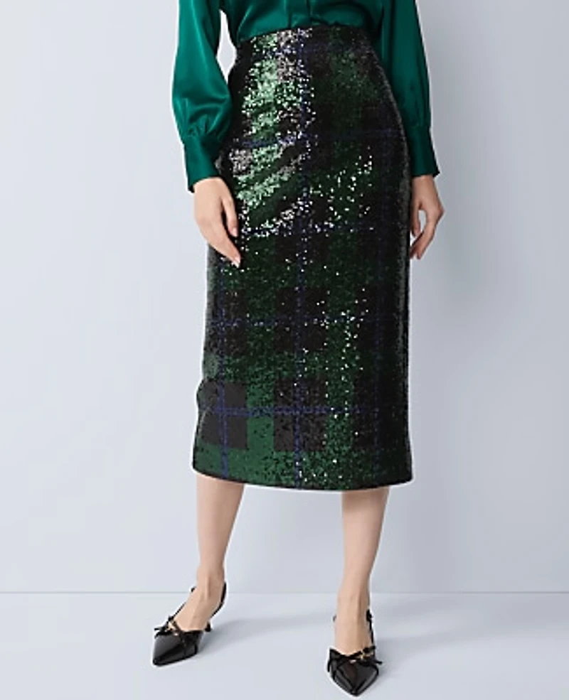 Ann Taylor Sequin Plaid Column Midi Skirt Size 0 Black 1 Women's