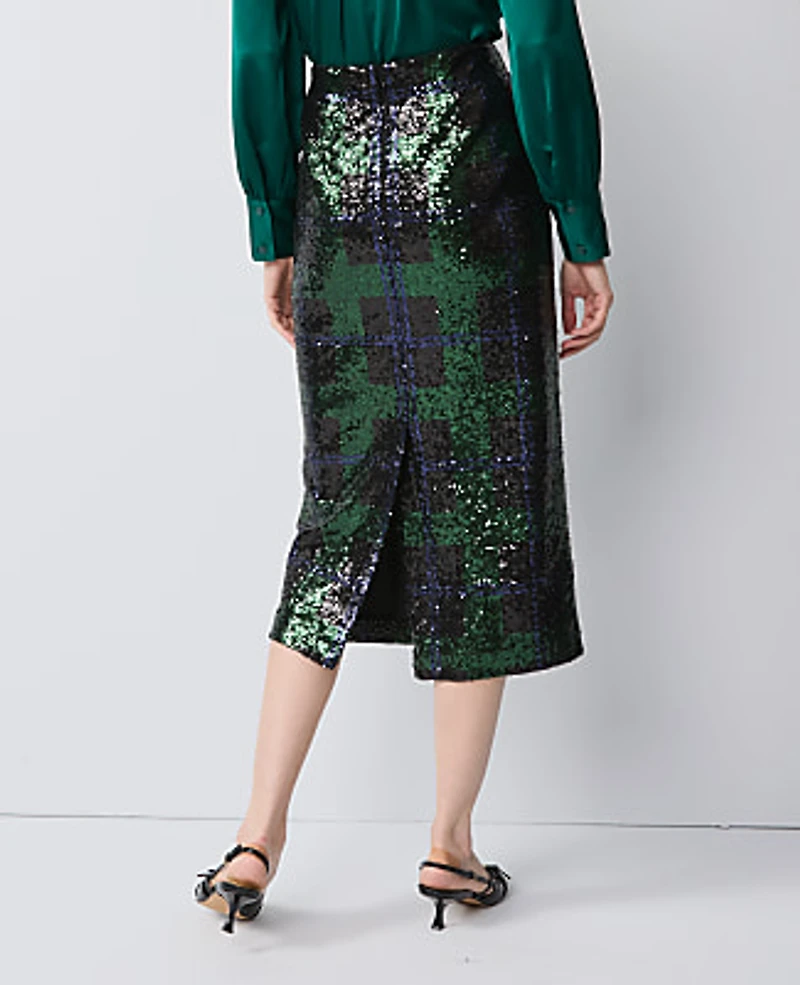 Ann Taylor Sequin Plaid Column Midi Skirt Size 0 Black 1 Women's