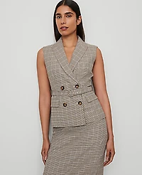 Ann Taylor Belted Vest Plaid Copper/Cream Multi Women's