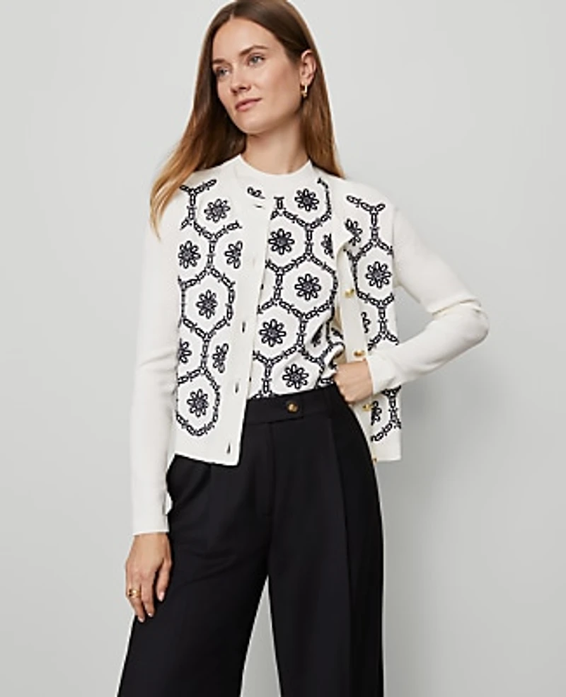 Ann Taylor Petite Floral Embroidered Cardigan Size XS White/Navy Women's