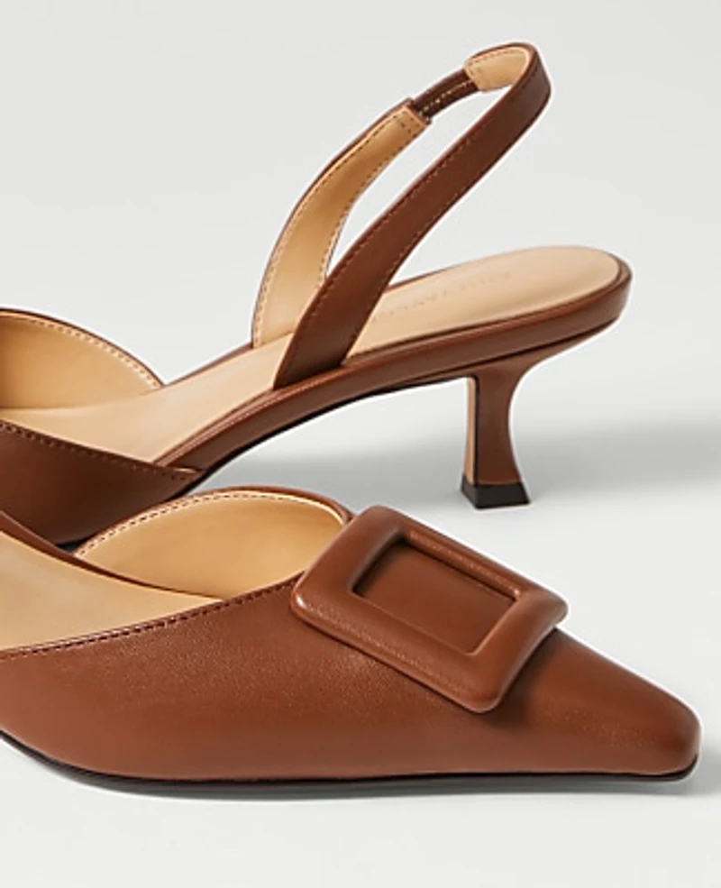 Ann Taylor Pointy Toe Buckle Leather Slingback Pump Size 8 Rich Toffee Camel Women's