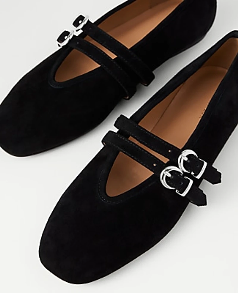 Ann Taylor Buckled Suede Ballet Flat Black Women's