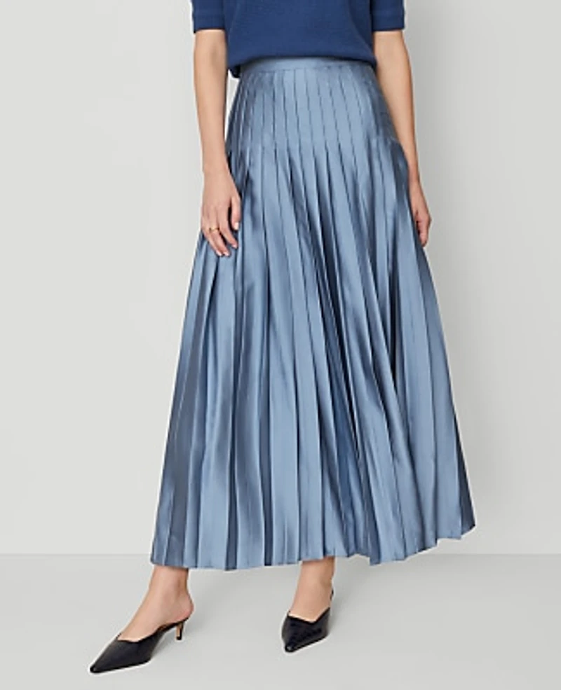 Ann Taylor Petite Satin Pleated Midi Skirt Size 0 Cool Cascades Women's