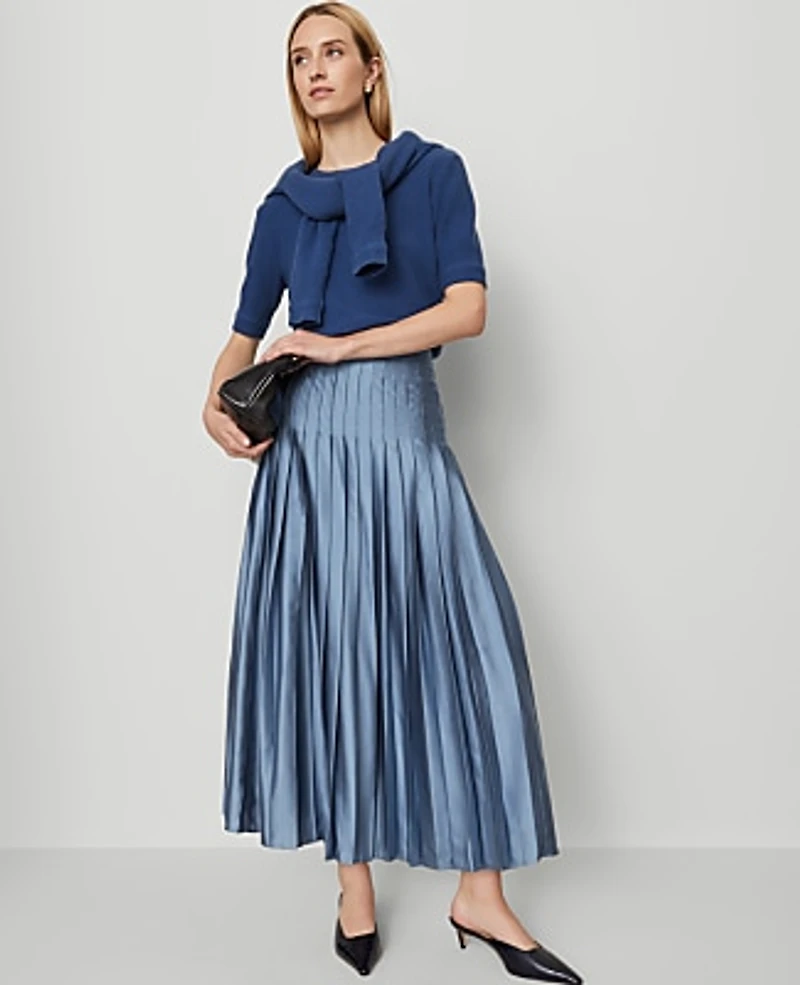 Ann Taylor Petite Satin Pleated Midi Skirt Size 0 Cool Cascades Women's