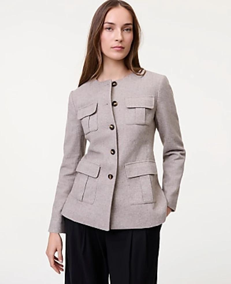 Ann Taylor The Fitted Crew Neck Jacket Herringbone Mixed Tan Women's