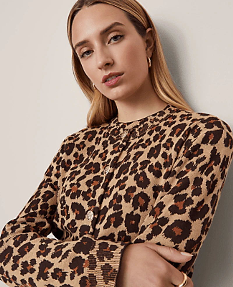 Ann Taylor Petite Animal Print Jacquard Cardigan Almond Croissant Women's