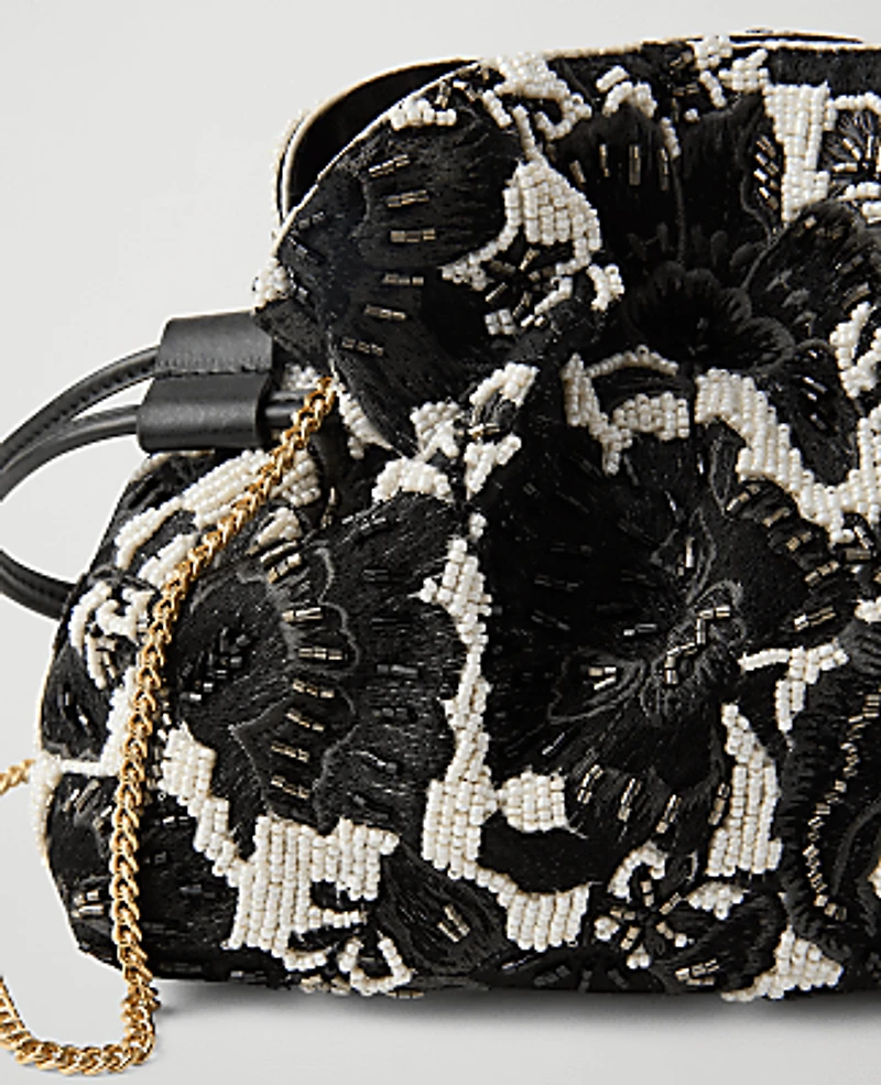 Ann Taylor Beaded Mini Drawstring Clutch Handbag Black Women's