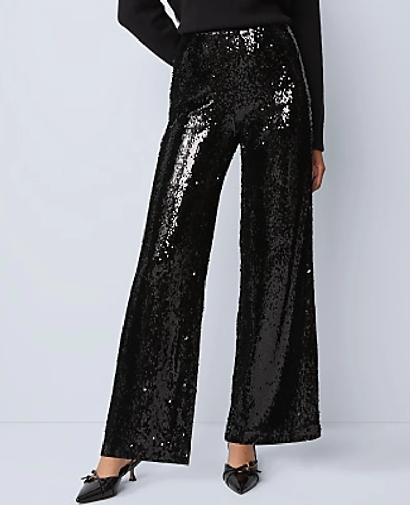 Ann Taylor The Petite Perfect Wide-Leg Pant Sequin Black Women's