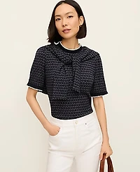 Ann Taylor Scalloped Ruffle Trim Top Size Medium Navy/Ivory Combo Women's