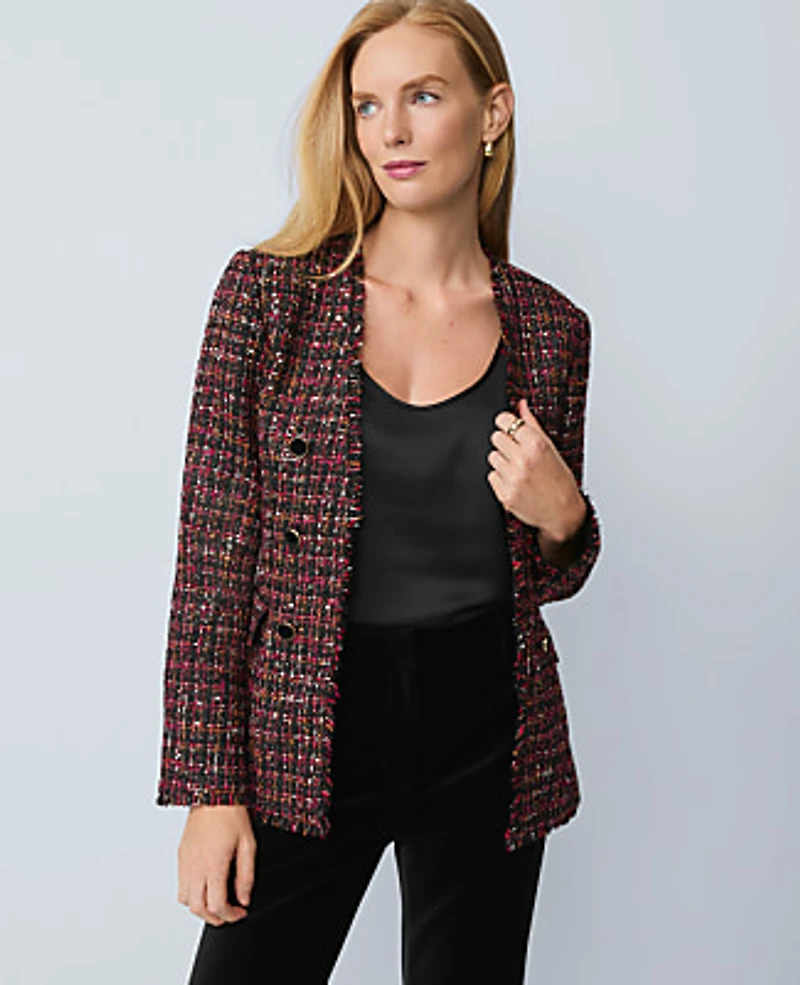 Ann Taylor The Petite Long V-Neck Sequin Tweed Jacket Red/Black Multi Women's