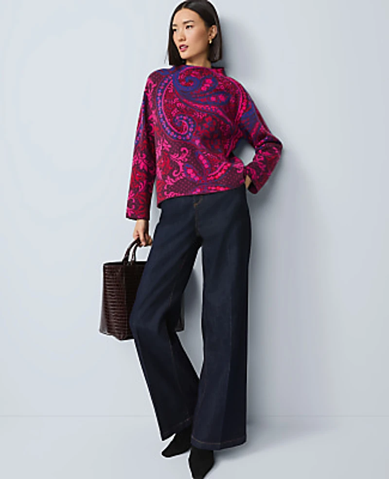 Ann Taylor Petite Paisley Jacquard Mock Neck Sweater Jewel Red Women's