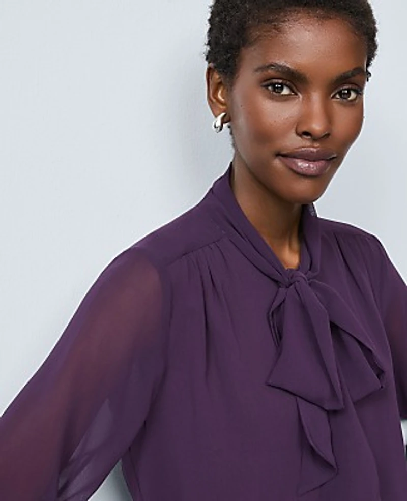 Ann Taylor Petite Bow Blouse Size XS Aubergine Dream Women's