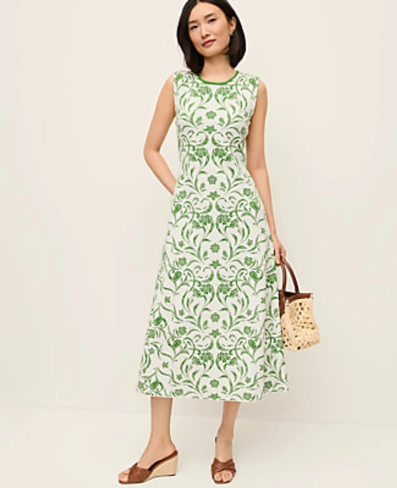 Ann Taylor Floral Jacquard Sweater Dress Palm Green Women's