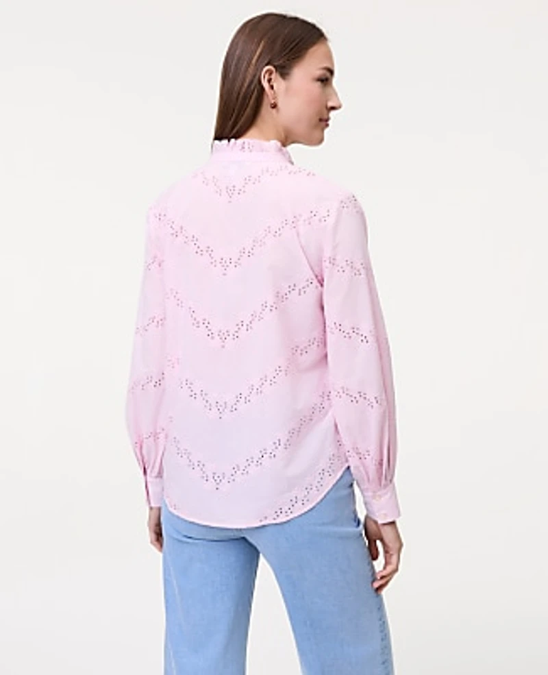 Ann Taylor Weekend Eyelet Ruffle Collar Shirt Women's