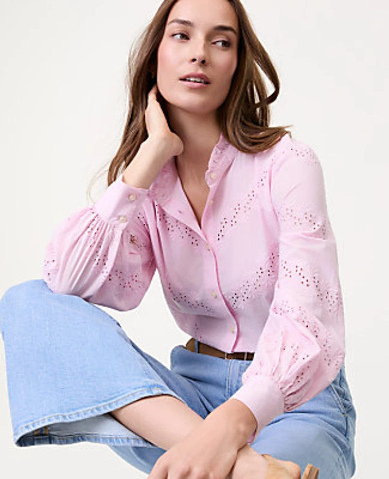 Ann Taylor Weekend Eyelet Ruffle Collar Shirt Women's