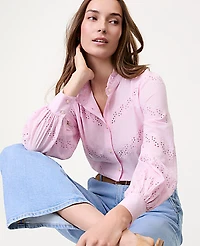Ann Taylor Weekend Eyelet Ruffle Collar Shirt Women's