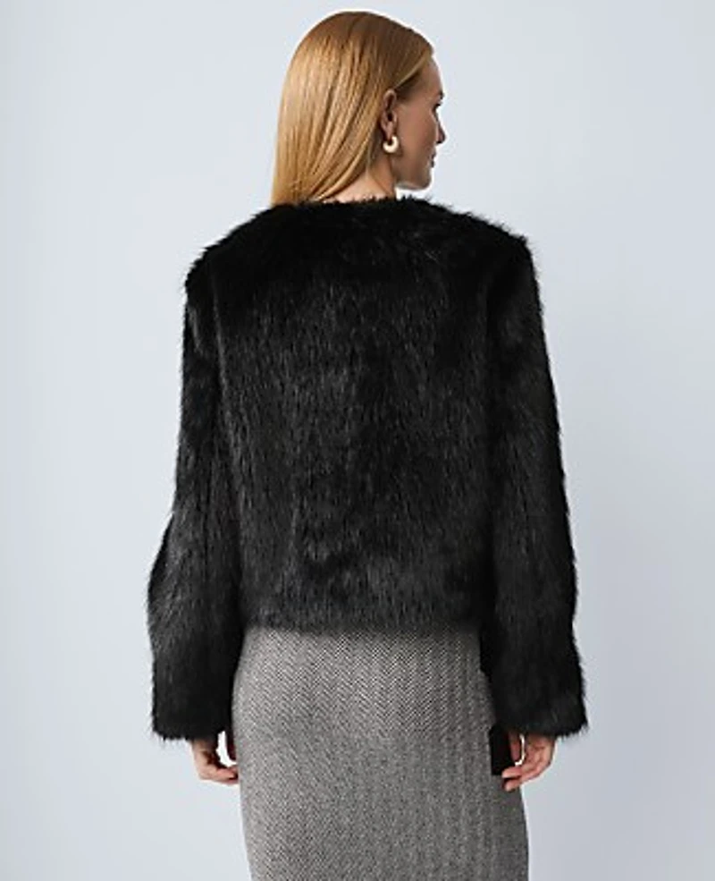 Ann Taylor Petite Faux Fur Crew Neck Jacket Black Women's